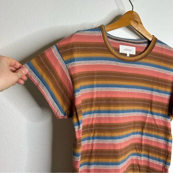 THE GREAT. Short Sleeve Striped Tee in Rust, Pink, Blue, Olive - Picture 4 of 11